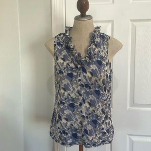 Ann Taylor loft blouse sleeveless ruffle 100% cotton cottage core blue white L